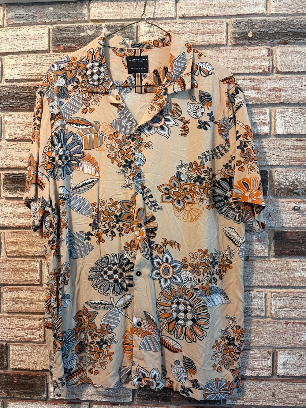Denim & Flower Beige Floral Short Sleeve Button Down Shirt